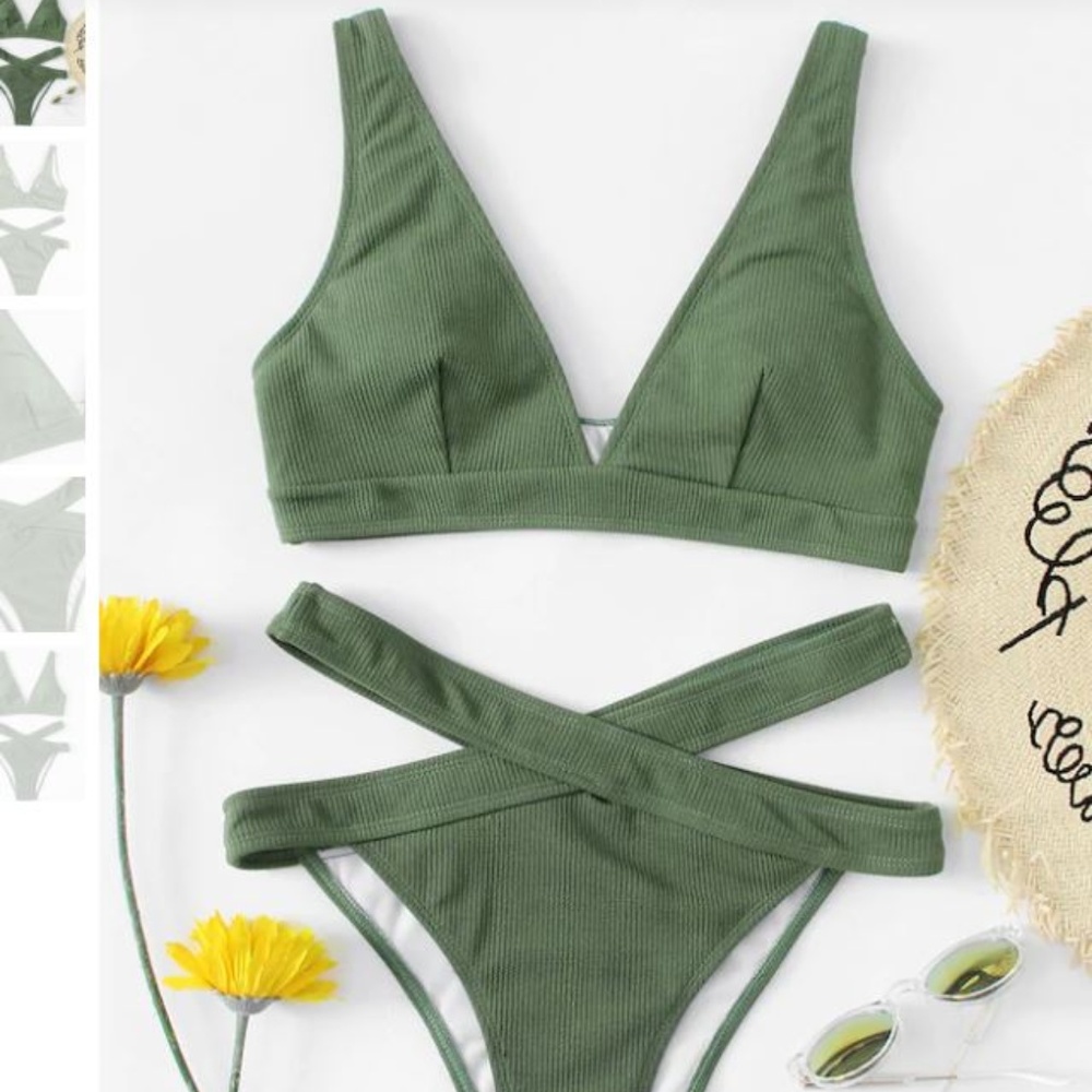 Textured V-Neck Top With Cut-Out Bikini Set